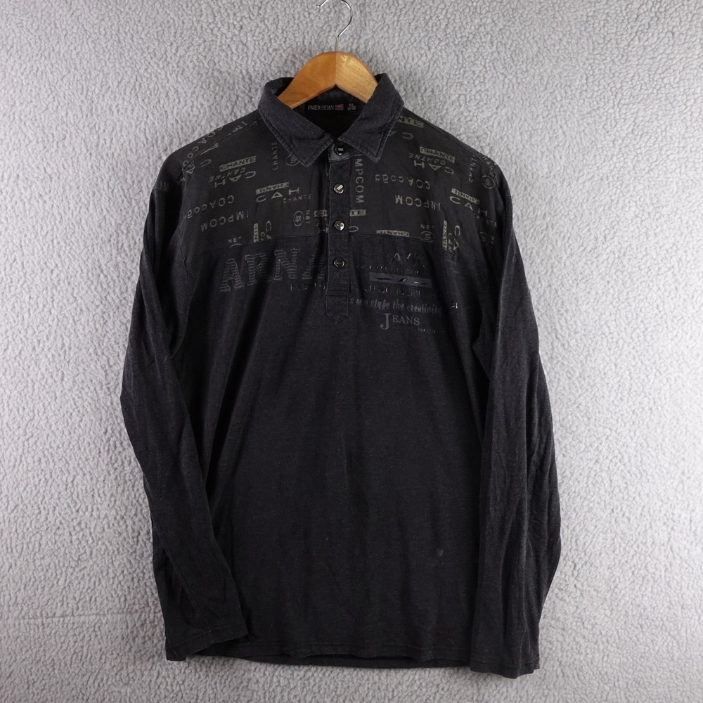 Paier Sidan Mens Long Sleeve Polo Shirt Charcoal Grey Y2K Print Size 54‎ XL